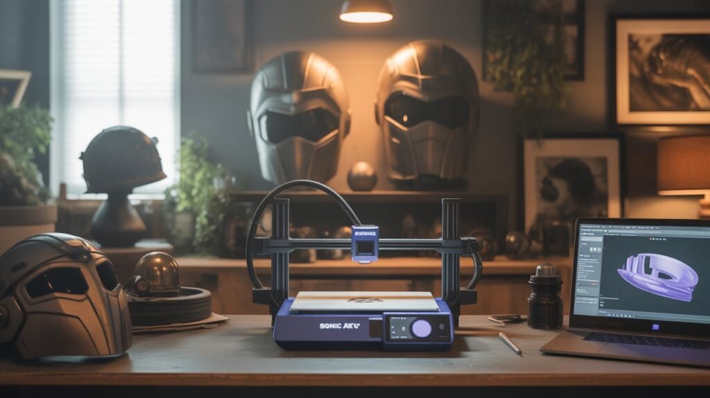 Creator studio with Phrozen Sonic Mega 8K V2 surrounded by finished props, evoking a professional 'main character' workspace.