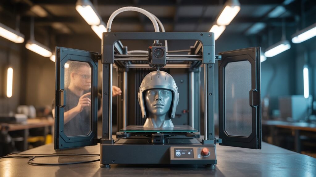 Phrozen Sonic Mega 8K V2 large-format resin printer printing a full-scale helmet in a professional workshop.