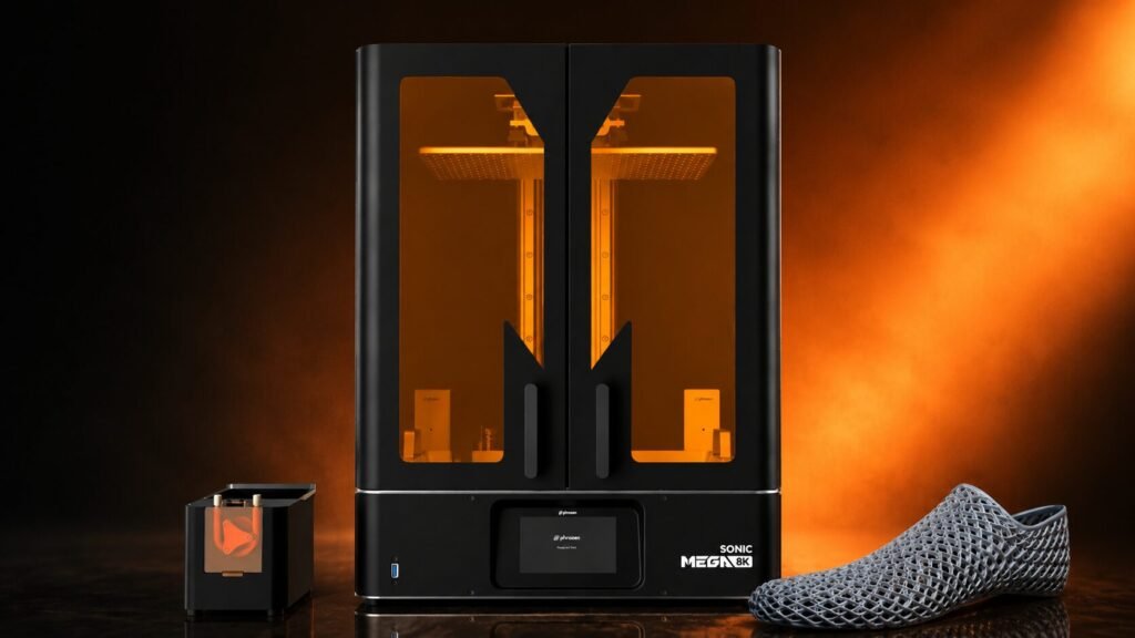 Phrozen Sonic Mega 8K V2 resin 3D printer featuring a 15-inch LCD screen, ultra-high 8K resolution, and large-format printing capacity.