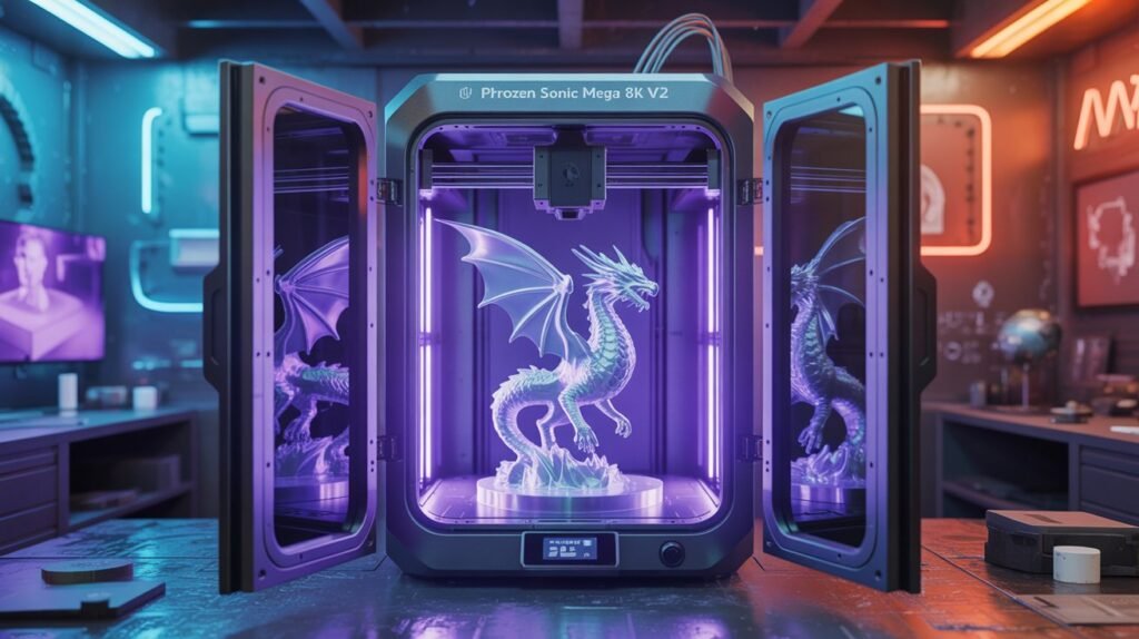 Phrozen Sonic Mega 8K V2 industrial resin 3D printer with dual metal doors open, featuring a large-scale detailed print on the signature perforated build plate