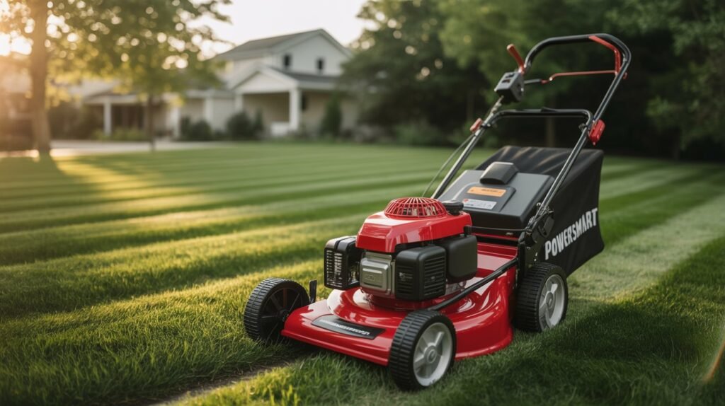 PowerSmart HB8622S review showing 21-inch self-propelled gas lawn mower on a freshly cut suburban lawn