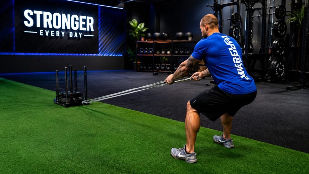 Athlete performing a low-impact reverse sled pull with upright posture, neutral spine, engaged core, and controlled backward steps on a gym turf surface.