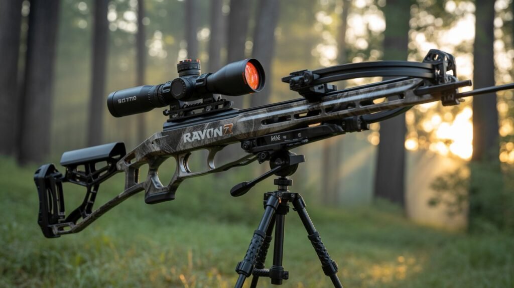 Ravin R470 XK7 compact crossbow with 100-yard illuminated scope in King’s XK7 camouflage during a 2026 forest hunt.
