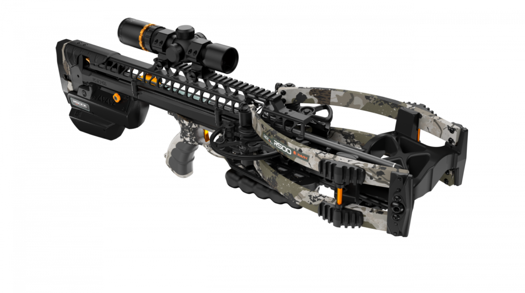 Ravin R500E XK7 hunting crossbow angled view showing precision design and compact build
