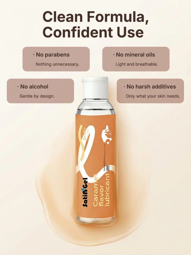 SatinGel caramel flavored water based personal lubricant designed for smooth glide, gentle hydration, and sensitive skin comfort.