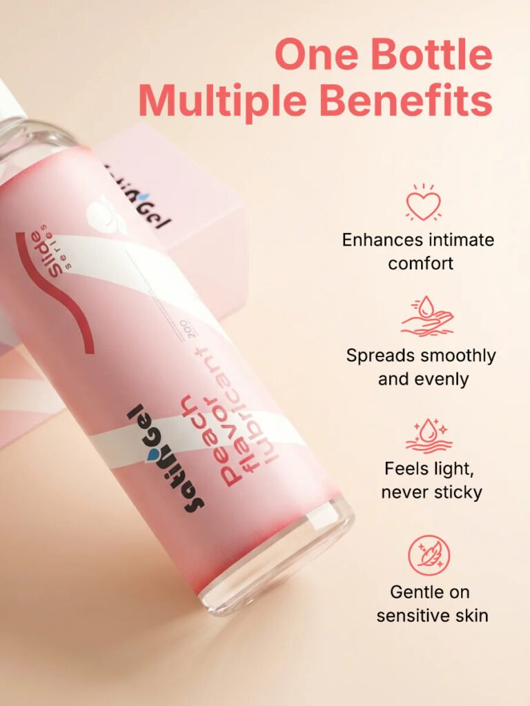 SatinGel peach flavored water based personal lubricant designed for smooth glide, lightweight comfort, and sensitive skin.