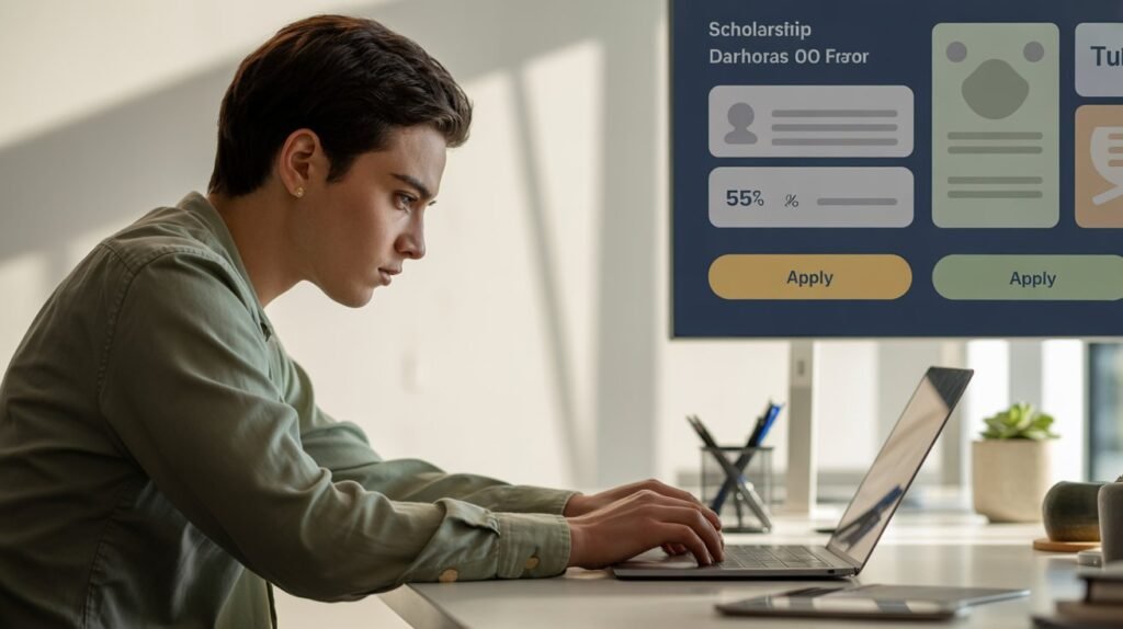 Student using scholarship search platform with AI matching dashboard on laptop