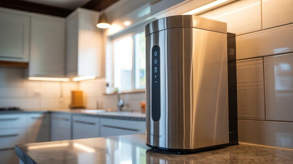 Stainless SimPure countertop reverse-osmosis water purifier on a kitchen counter with a blurred modern kitchen background.