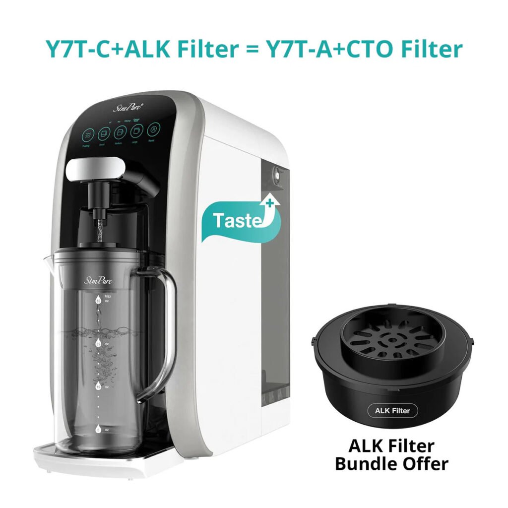 SimPure Y7T-C 5 stage countertop reverse osmosis water filtration system with portable glass pitcher and extra carbon filtration