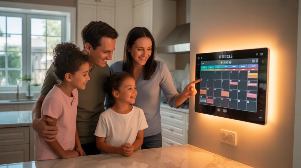 15.6 inch smart digital family calendar touchscreen organizer displaying weekly schedule and chore chart for busy families