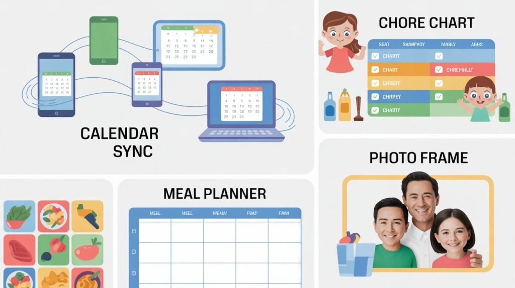 smart digital family calendar features infographic showing calendar sync, chore chart, meal planner and photo frame