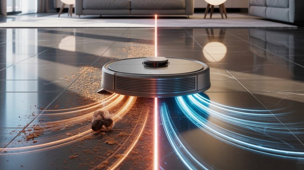 Smart robot vacuum cleaner removing dust and debris from hardwood floor in a modern living room with powerful suction technology