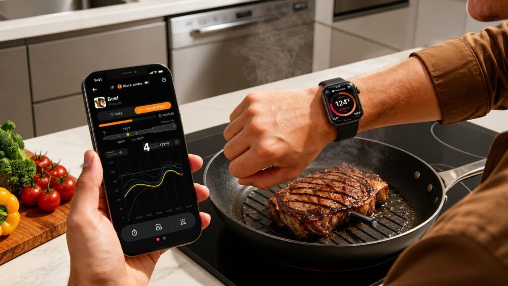 Man cooking steak in a pan while monitoring temperature using a smart wireless meat thermometer connected to a smartphone app and smartwatch in a modern kitchen.