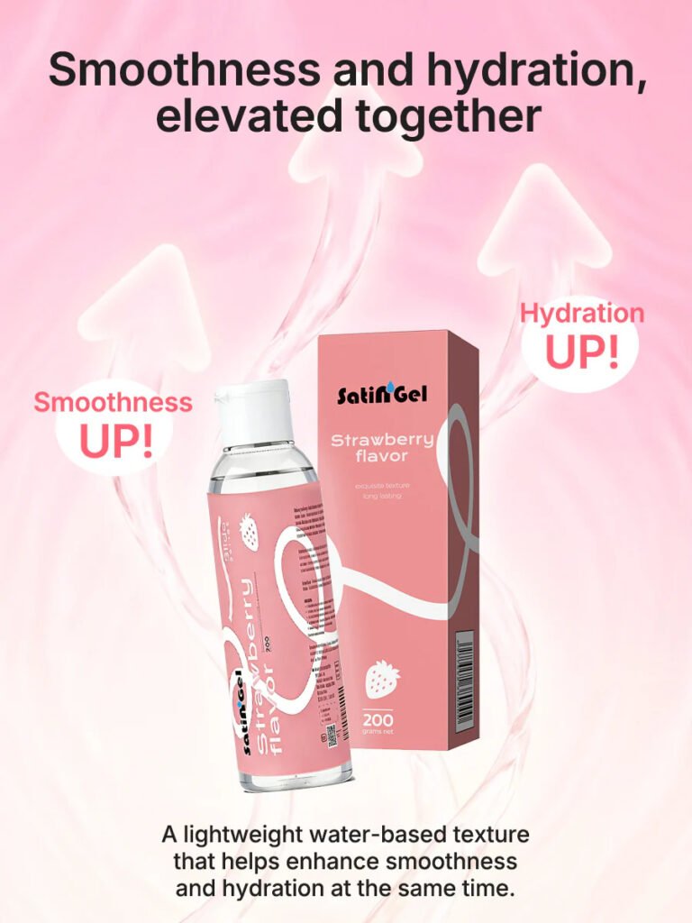 SatinGel strawberry flavored water based personal lubricant designed for smooth glide, sensitive skin, and body-safe intimate comfort.
