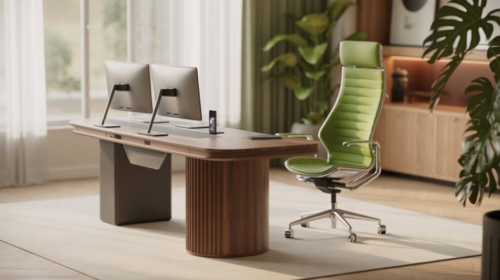 Sunaofe Lunar standing desk with walnut top and MORPH ergonomic chair featuring Auto-track lumbar support in a modern 2026 home office.