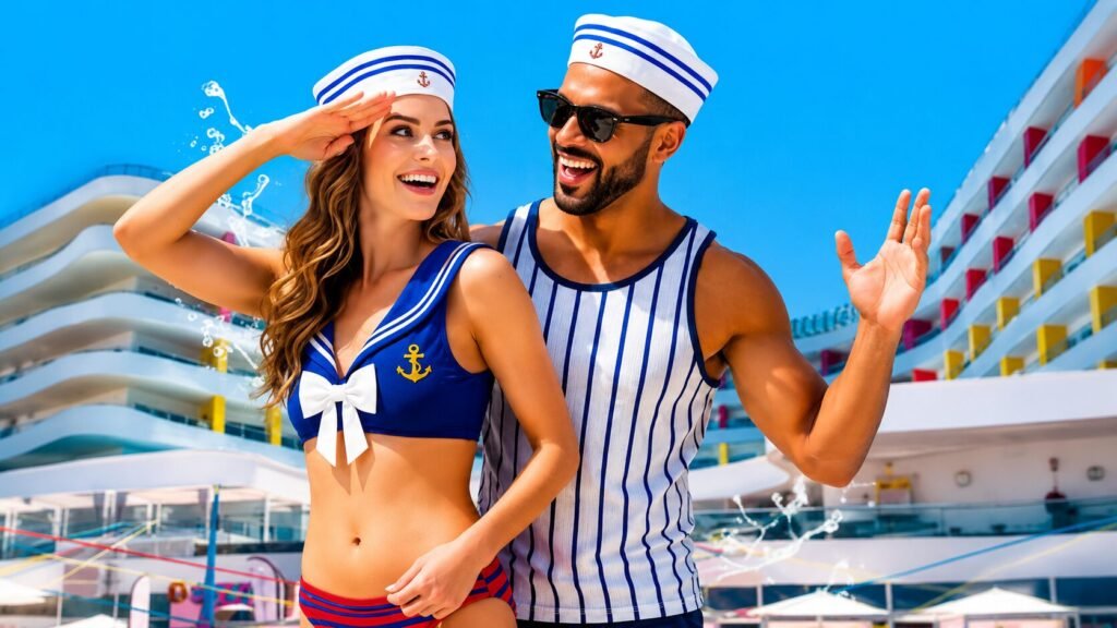 Guests enjoying a themed pool party at Temptation Cancun Resort with music, entertainment, and a lively adults-only atmosphere.