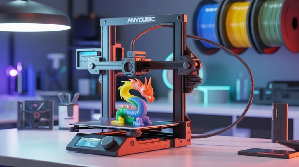 Anycubic Kobra S1 Combo 3D printer printing a multicolor dragon model with glowing RGB lighting and vibrant filament spools in a modern workshop