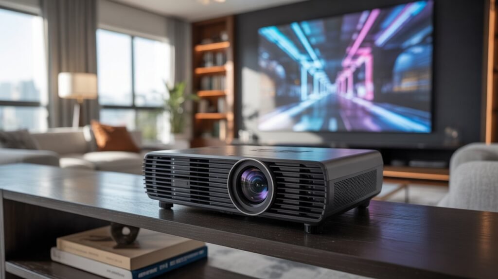 Valerion VisionMaster Max Review: 4K RGB laser projector displaying a bright 300-inch cinematic image.