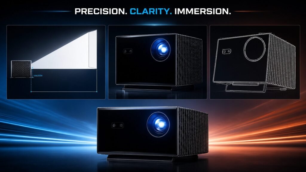 Projector setup diagram showing proper placement, lens alignment, and motorized lens shift for distortion-free 4K projection.