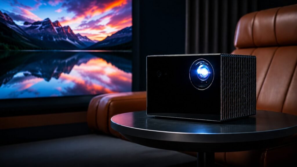 Valerion VisionMaster Max projector showing premium metal build quality and solid 16.5 lbs construction for stability and vibration control.