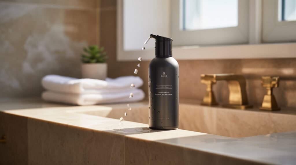 Water based personal lubricant bottle styled as a clean, body-safe intimate wellness product on a modern bathroom counter.