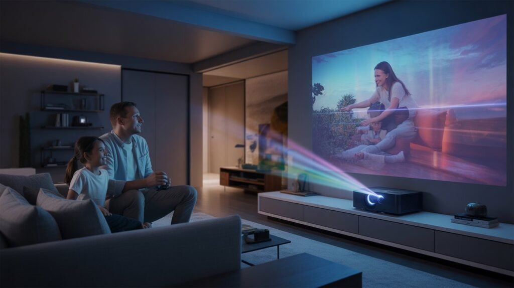 Modern smart home using 4K RGB laser projector for home theater, gaming and everyday entertainment comfort
