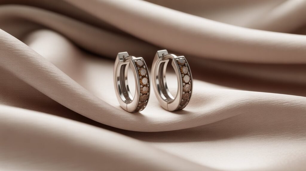 Macro detail shot of 10mm brown diamond hinged round hoop earrings in 14k white gold, showcasing the natural champagne diamond sparkle and substantial 3.37g solid gold build against a neutral silk background.