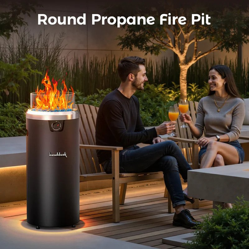15 inch column round propane fire pit by Buschbeck outdoor patio heater fire table for backyard and outdoor seating area