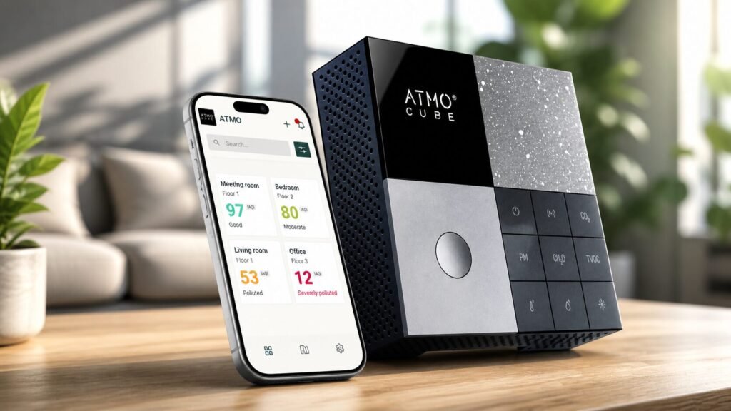 Smart indoor air quality monitor with mobile app showing real-time air quality data on a wooden table in a modern living room