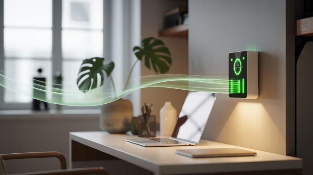 Atmocube indoor air quality monitor in a modern home office tracking real-time CO2, PM2.5, and air quality levels