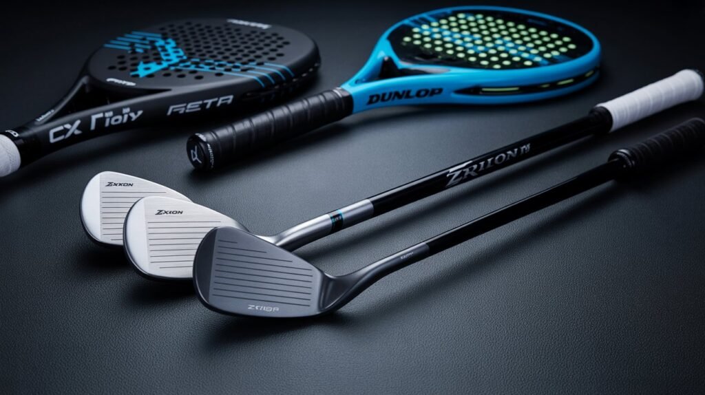 A professional group shot of the 2026 Dunlop Sports USA lineup featuring Srixon ZXiR irons, Cleveland RTZ wedges, and the FX 500 tennis racket.