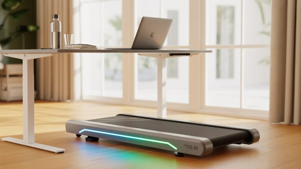 A Toputure walking pad treadmill with glowing speed-responsive RGB lighting placed under a standing desk in a bright, modern home office.