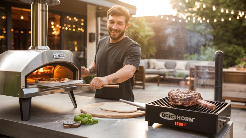 Expert Big Horn Outdoors reviews 2026 featuring the rotating wood-fired pizza oven and 1500°F infrared steakhouse grill in action.