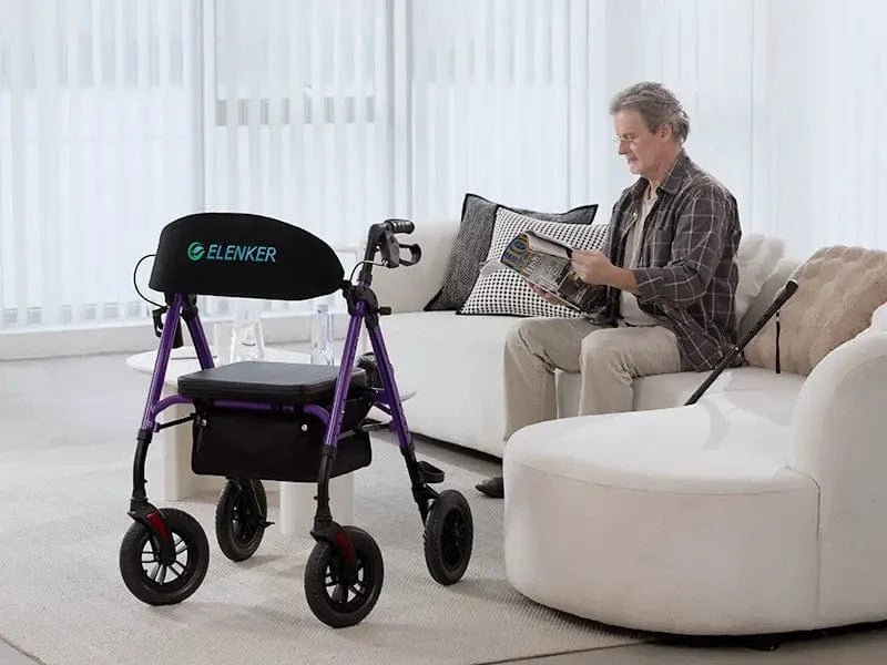 Elenker rollator walker used outdoors by senior user Elenker KLD-9212 rollator walker used by senior man walking outdoors with 12 inch wheels for stability