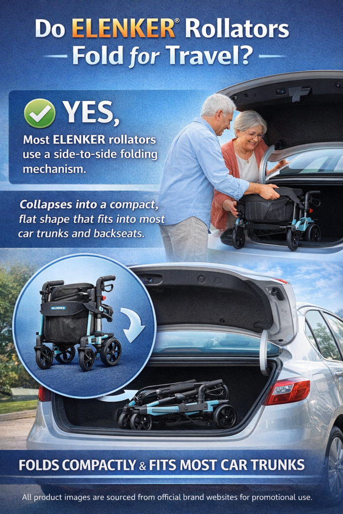 Elenker rollator walker folding design for travel and compact storage Elenker rollator walker folding compactly for travel placed inside car trunk showing easy portability and storage