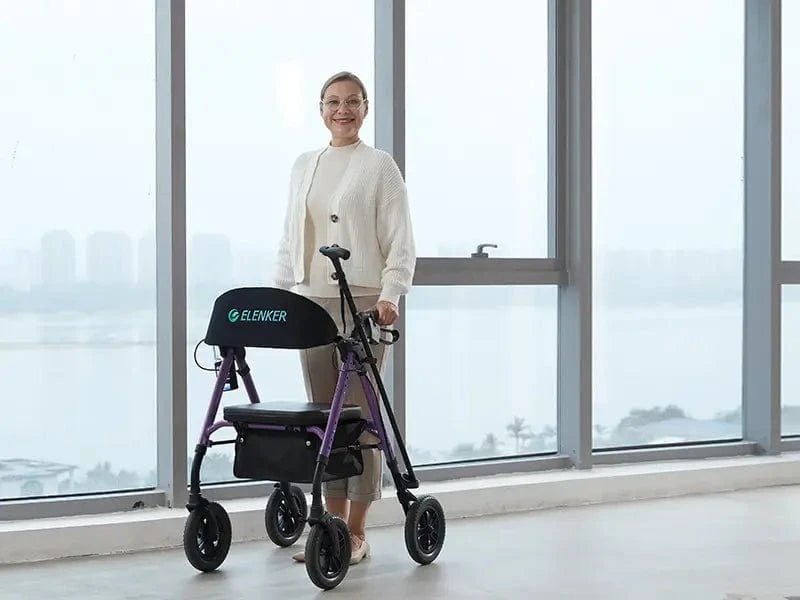 Elenker rollator walker for women outdoor mobility support Senior woman using Elenker rollator walker with wheels for safe outdoor walking and mobility support