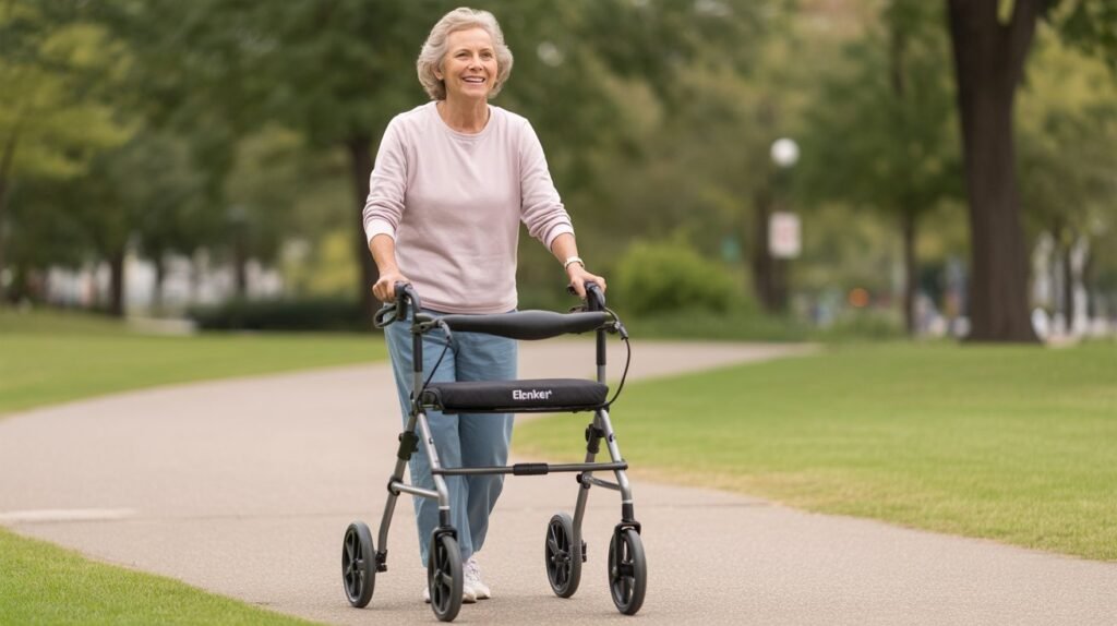 An active senior using an ELENKER upright walker for posture support and fall prevention on an outdoor path.