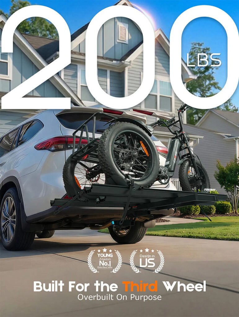 Etrike hitch rack with 200 lbs capacity and 2 inch receiver carrying an adult electric tricycle with fat tires on a vehicle hitch