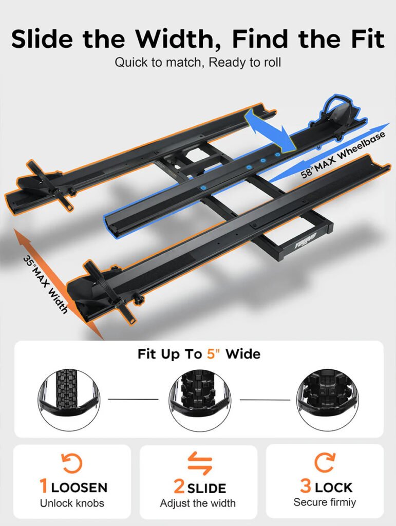 adjusting width of etrike hitch rack to fit electric tricycle showing quick alignment and secure ready to roll setup on vehicle hitch