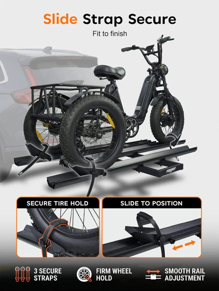 step by step installation of etrike hitch rack showing secure fit from mounting to fully loaded electric tricycle on vehicle hitch