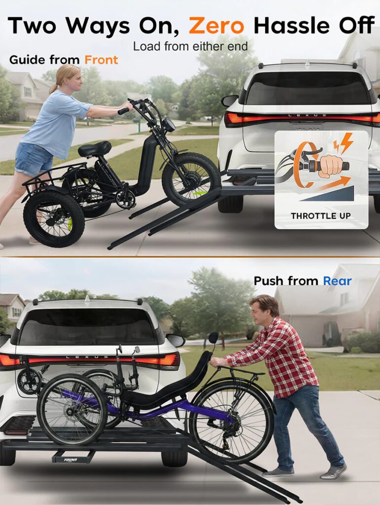 loading electric tricycle onto etrike hitch rack using ramp showing smooth unloading and secure handling on vehicle hitch carrier