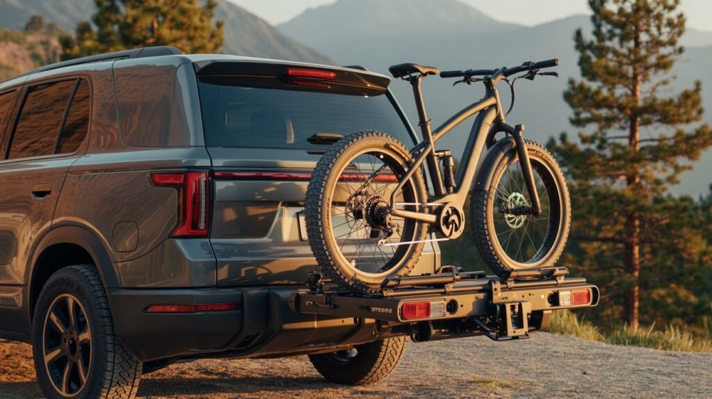 A secure Etrike Hitch Rack holding a heavy fat-tire electric adult tricycle on the back of an SUV at a trailhead.