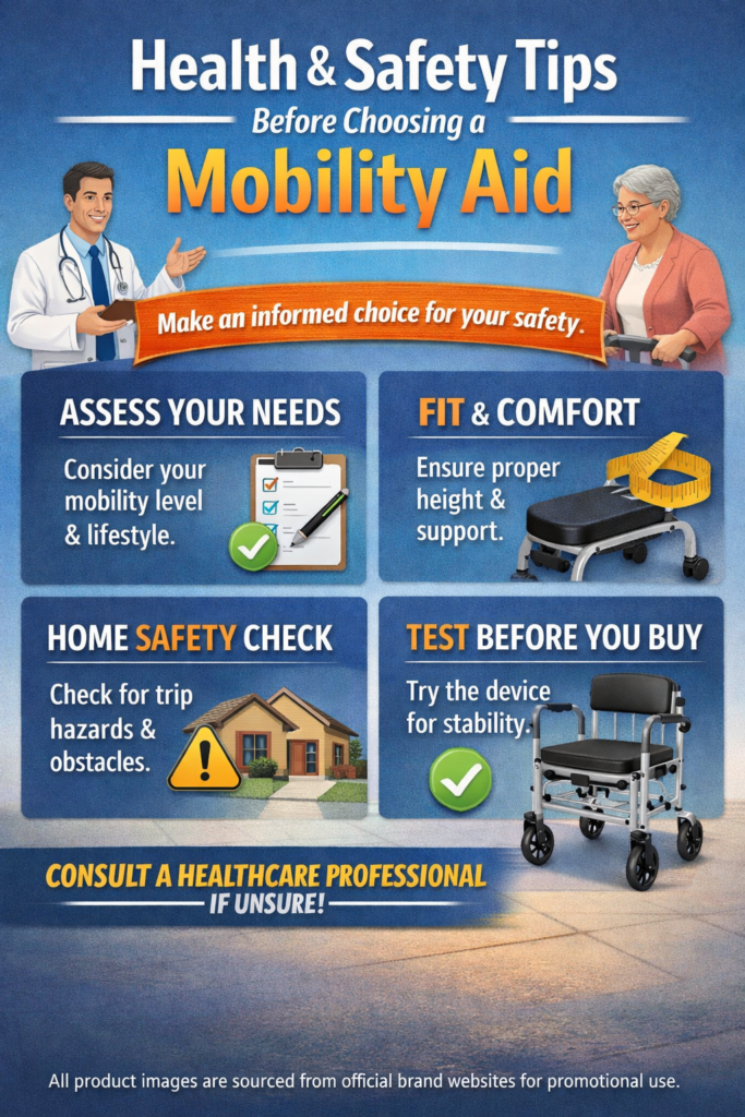 Health and safety guide for choosing the right mobility aid Health and safety tips before choosing a mobility aid including checking stability fit and home environment for safe use