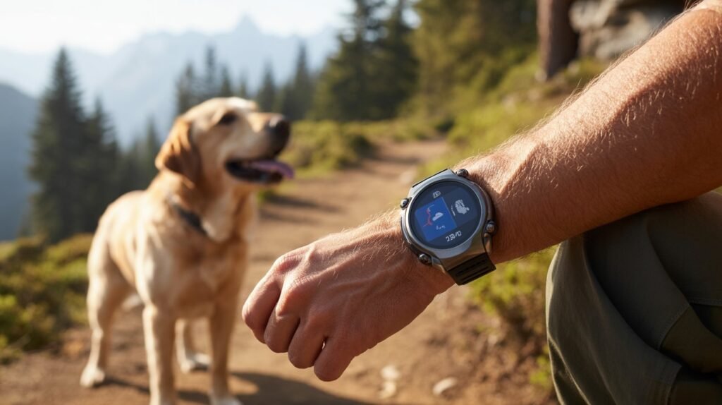 A person using the Jugbow DT-60 watch-style remote training collar to cue a dog in an outdoor park setting.