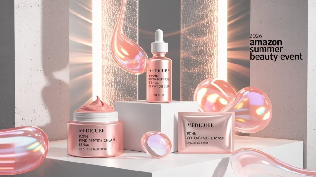 High-fashion product photography of the full Medicube PDRN Pink Peptide line (Serum, Cream, and Mask) artfully arranged on white risers against an elegant architectural concrete and pink geometric background, reflecting a luxurious 2026 glass skin aesthetic.