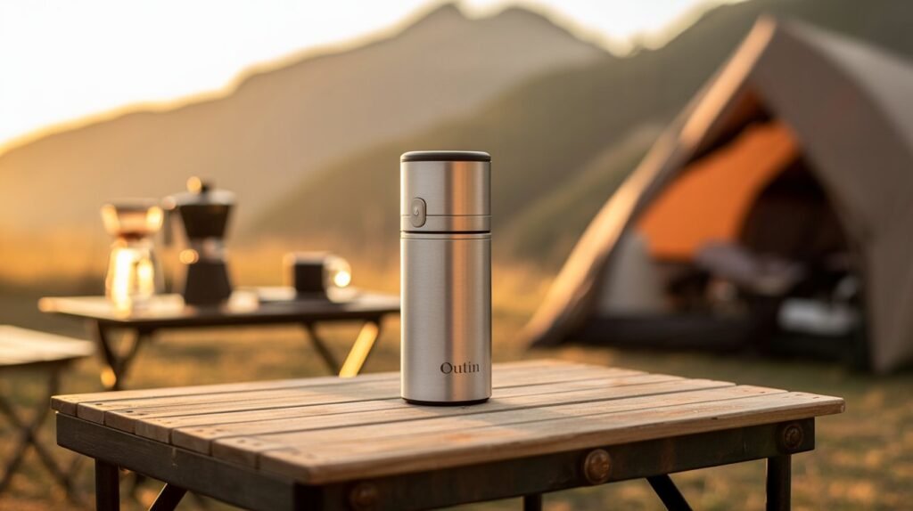 OutIn Fino portable electric coffee grinder in Sandstone White on a wooden travel table, the best portable coffee grinder for espresso travelers in 2026.