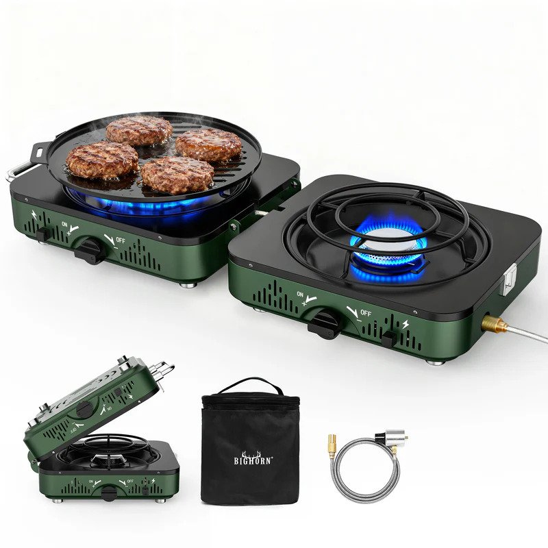 portable 2 burner propane camping stove compact outdoor cooking gas stove for camping hiking tailgating and outdoor use