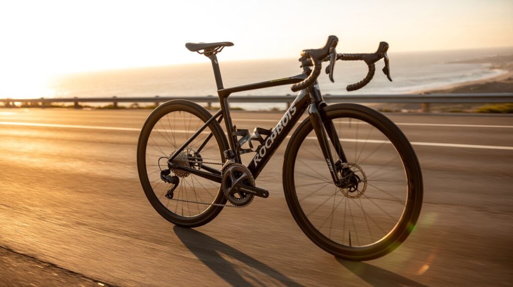 RockBROS PGZ carbon fiber road bike in black and white featuring integrated handlebars and Shimano 105 Di2 groupset.