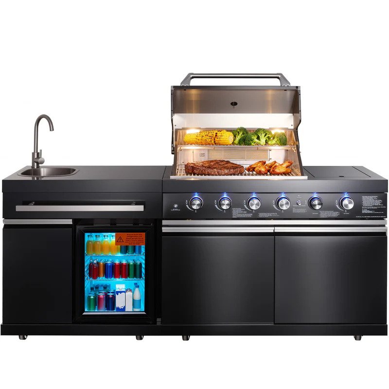 stainless steel outdoor kitchen island with 4 plus 2 burners black built in BBQ grill for outdoor cooking and backyard kitchen setup