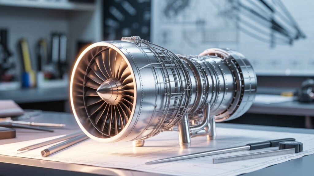 TECHING Mechanical Dual-Spool Turbofan Engine Model Kit metal engine display on engineering desk showing detailed turbine structure